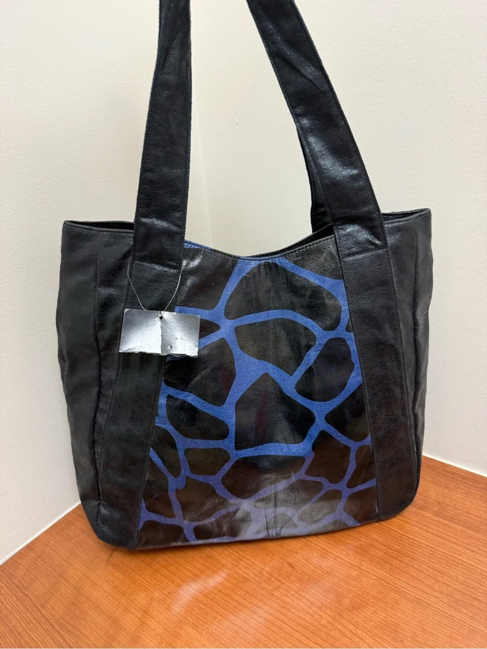 Braciano Black Tote Bag with Blue Pattern NWT